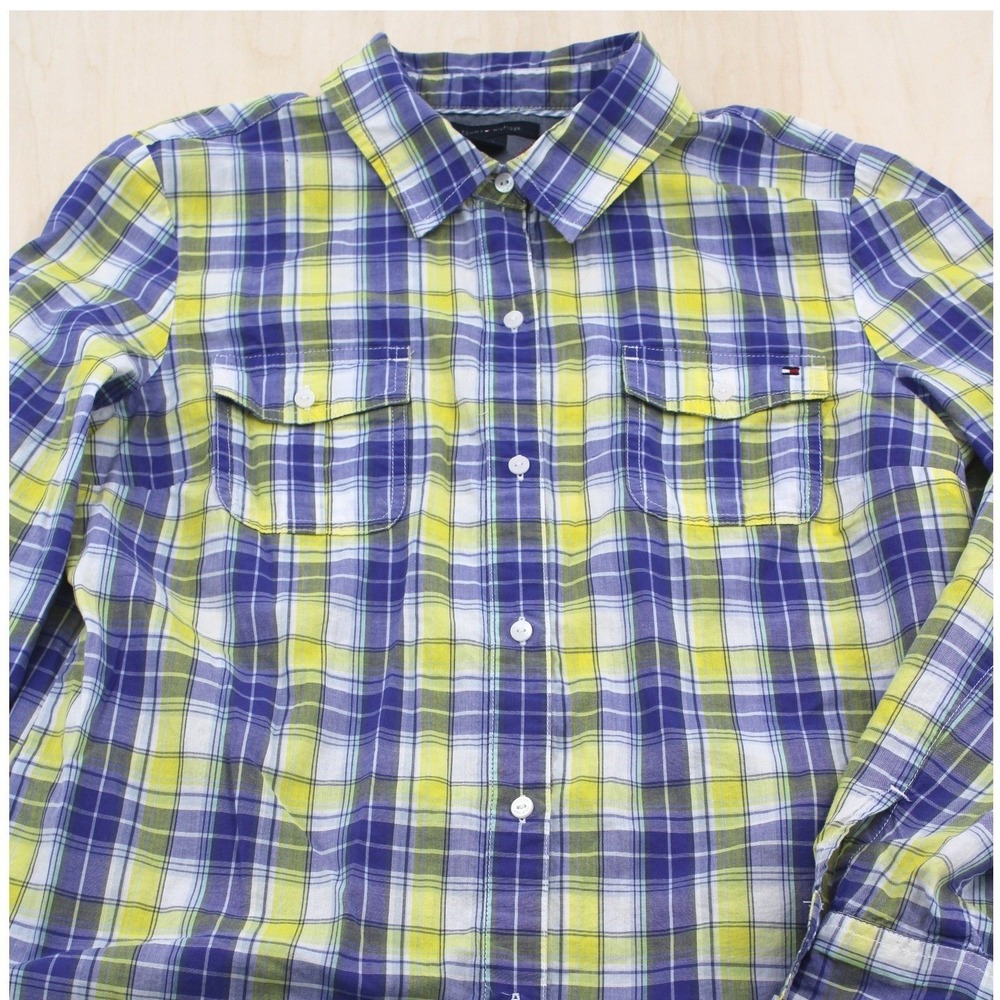 Tommy Hilfiger Button Down Shirt Womens‎ L Blue Yellow Plaid Cotton Classic Prep